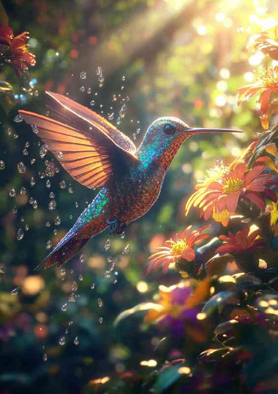 Colorful hummingbird hovering near vibrant flowers