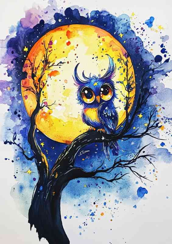 Cute owl sitting in a tree on the moon