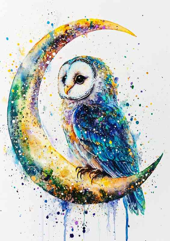 Cute owl sitting on a crescent moon a watercolor pallette
