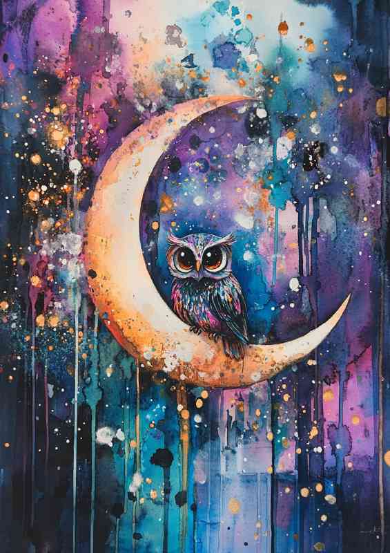 Cute owl sitting on the crescent moon