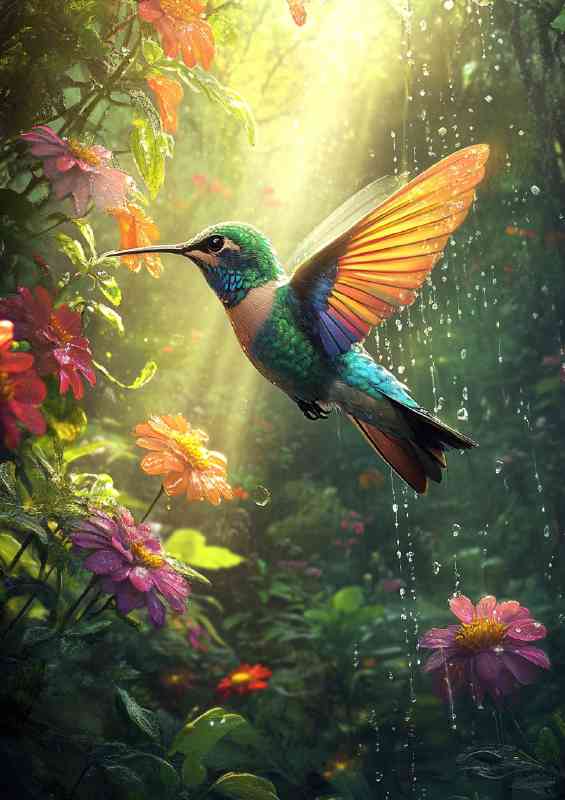 Hummingbird hovering near vibrant flowers