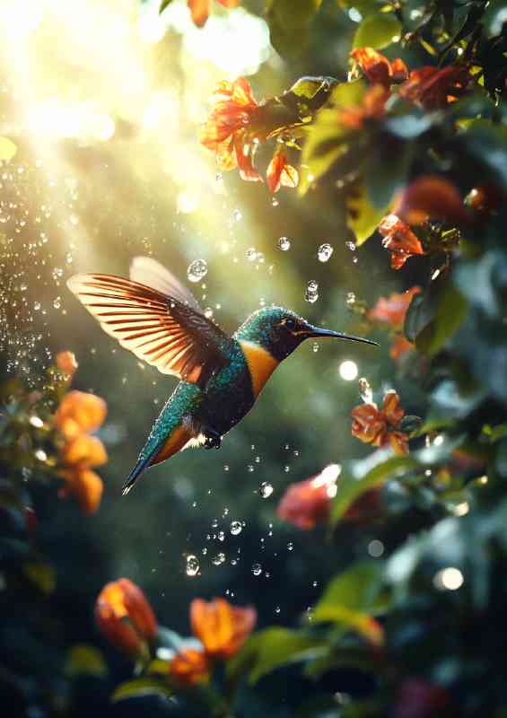 Hummingbird near vibrant flowers