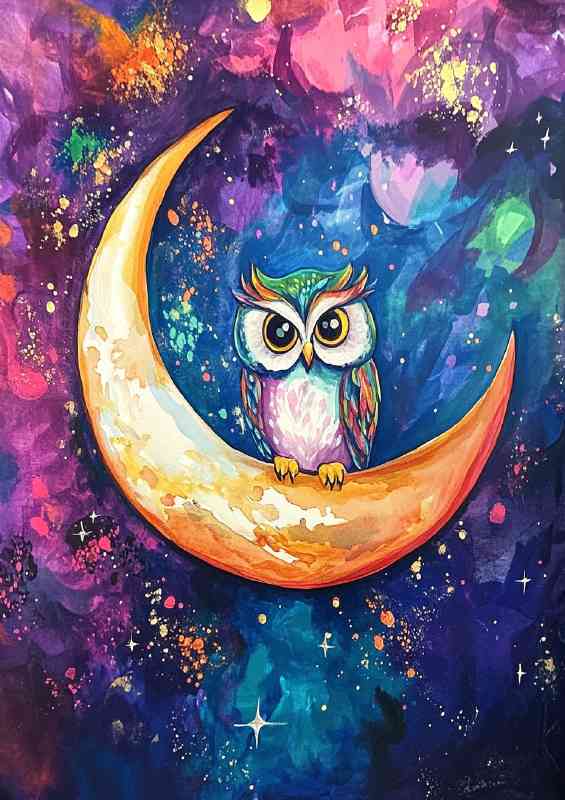 Owl sitting on the crescent moon surrounded by night stars