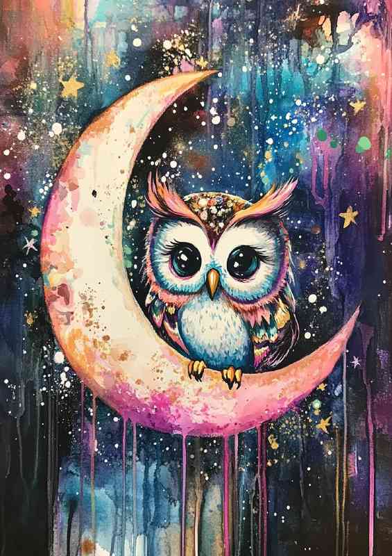 Owl sitting on the crescent moon surrounded by stars