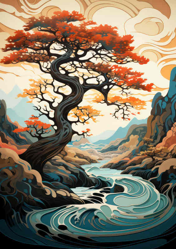 Lake in japan with tree in full bloom