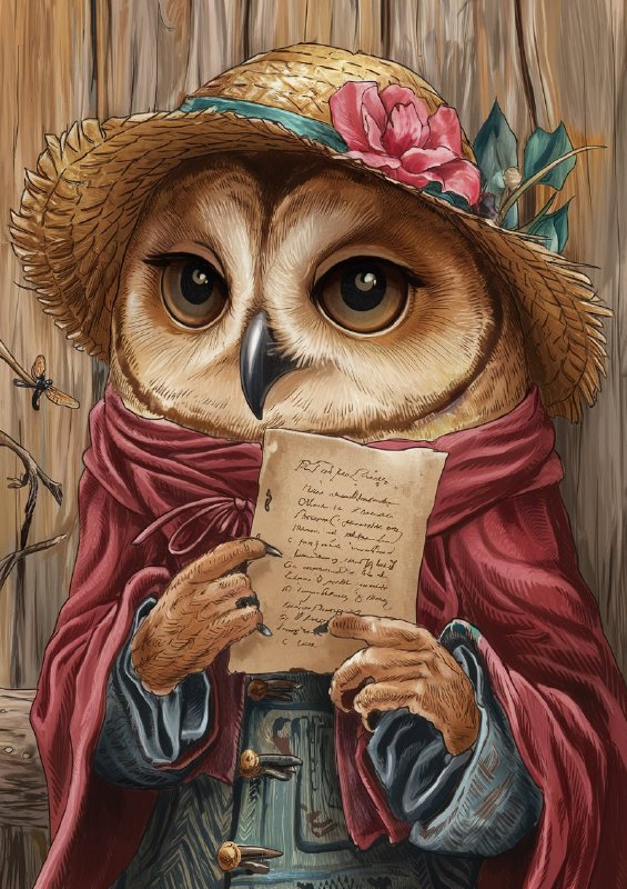 Owl wearing a straw hat