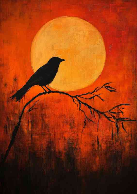 Painting of a bird perched on a branch silhouetted