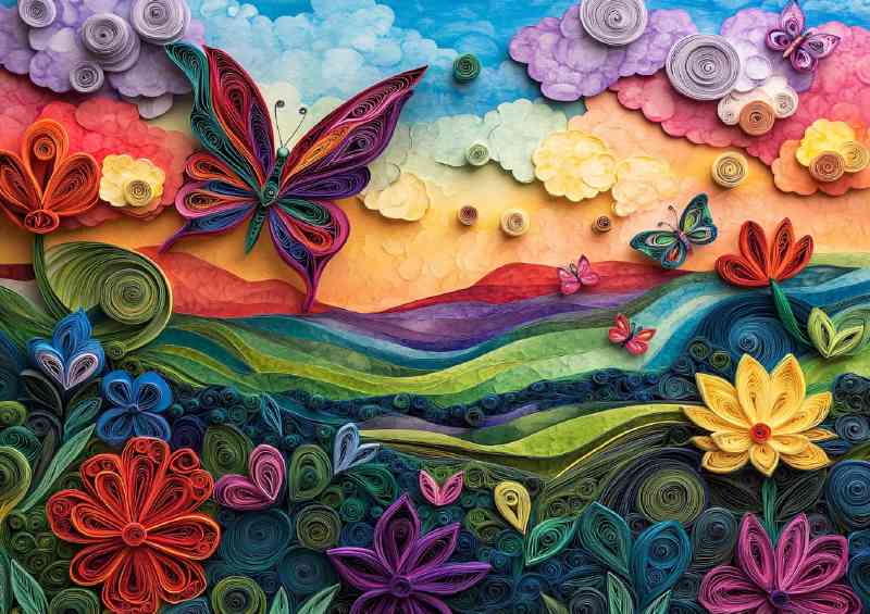 Butterfly flying over the rainbow colored hils