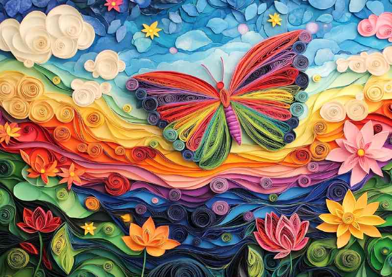 Butterfly with rainbow wings flies over countryside