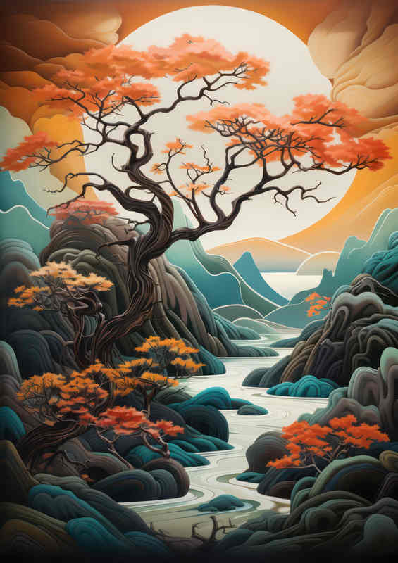 Mountains in japan with a lush tree