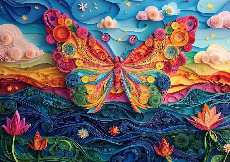 Butterfly with rainbow wings flies over the hills