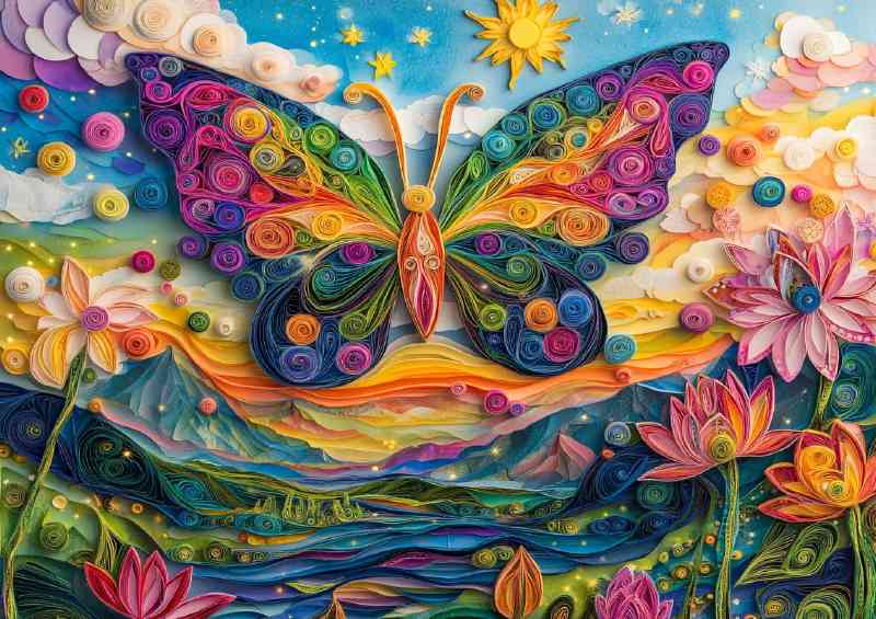 Butterfly with rainbow wings flies over the mountains