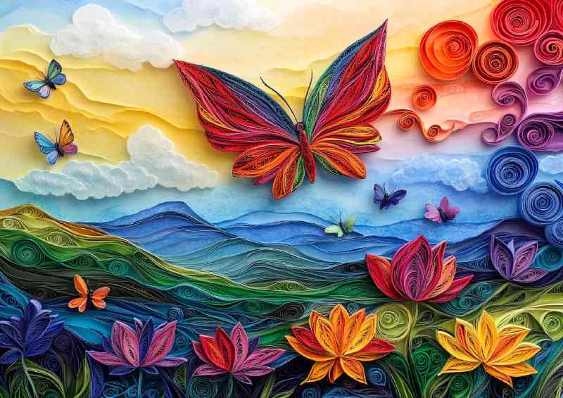 Colorful butterfly flying over the rainbow colored