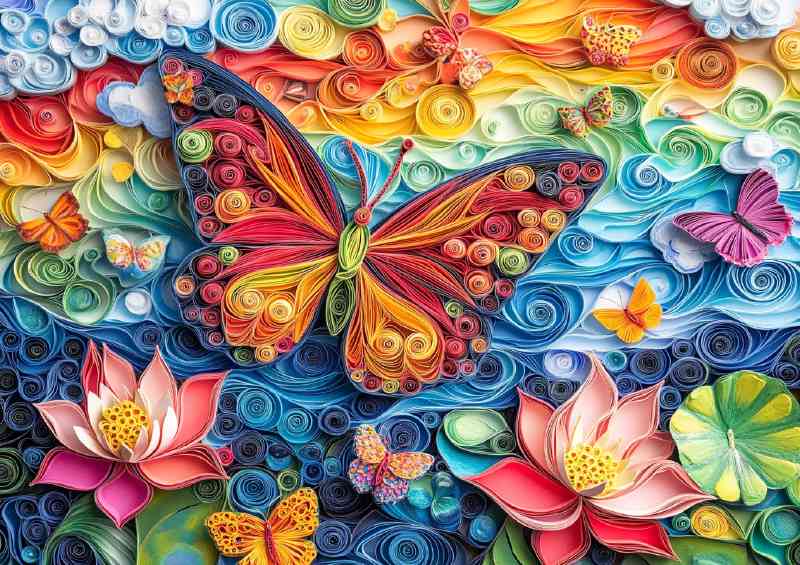 Colorful butterfly flying over the rainbow colored flowers