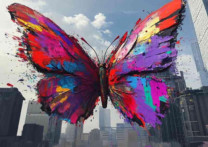 Colorful butterfly with wings made of paint over city