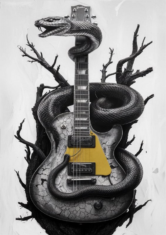 Black and white photo of a guitar with a unique snake