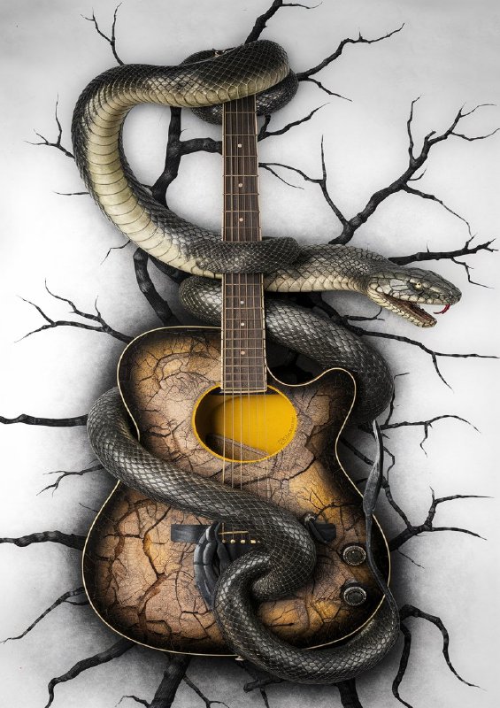 Photo of a guitar with an intricate design and the snake