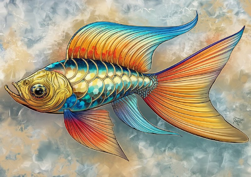 Vibrant and intricately designed fish with a golden fin