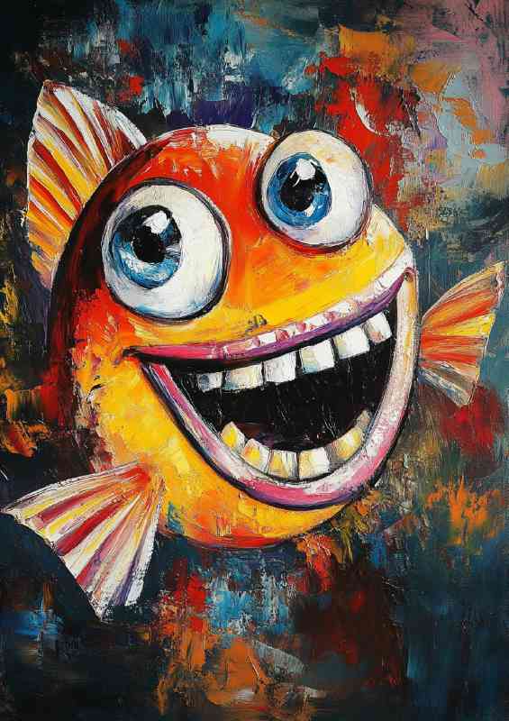 Abstract art painting of happy funny and cute cartoon fish