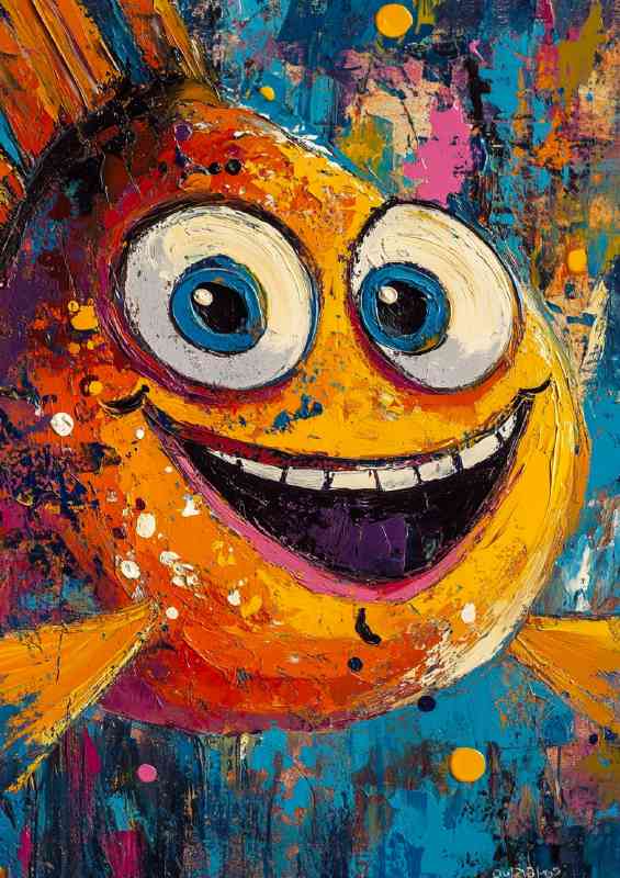 Abstract art painting of happy funny fish