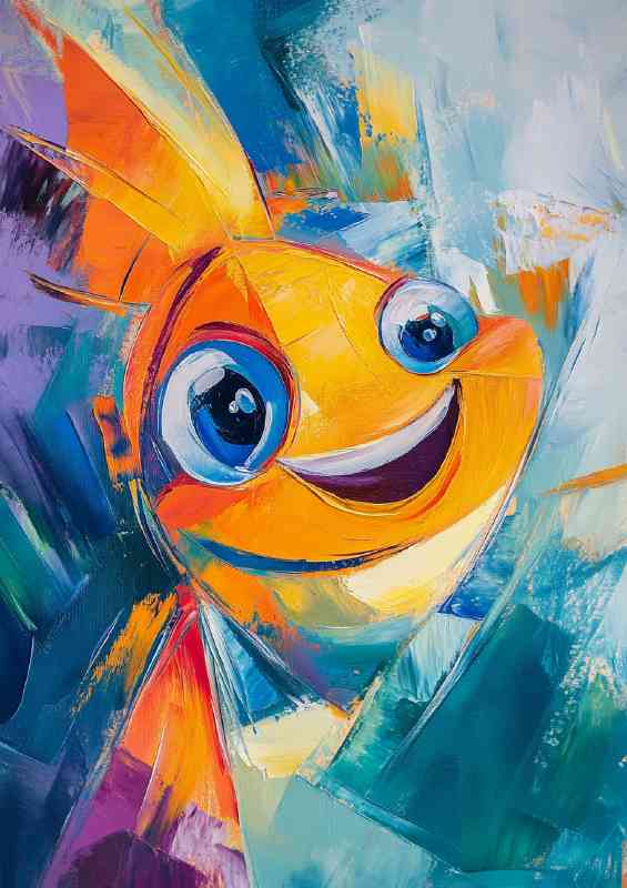 Abstract art painting of happy funny fish and cute