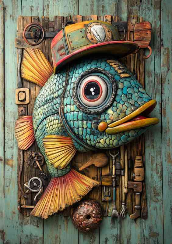 Colorful surreal painting of an anthropomorphic fish