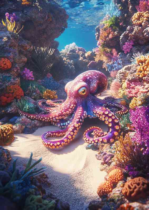 Octopus in the ocean surrounded by vibrant colours