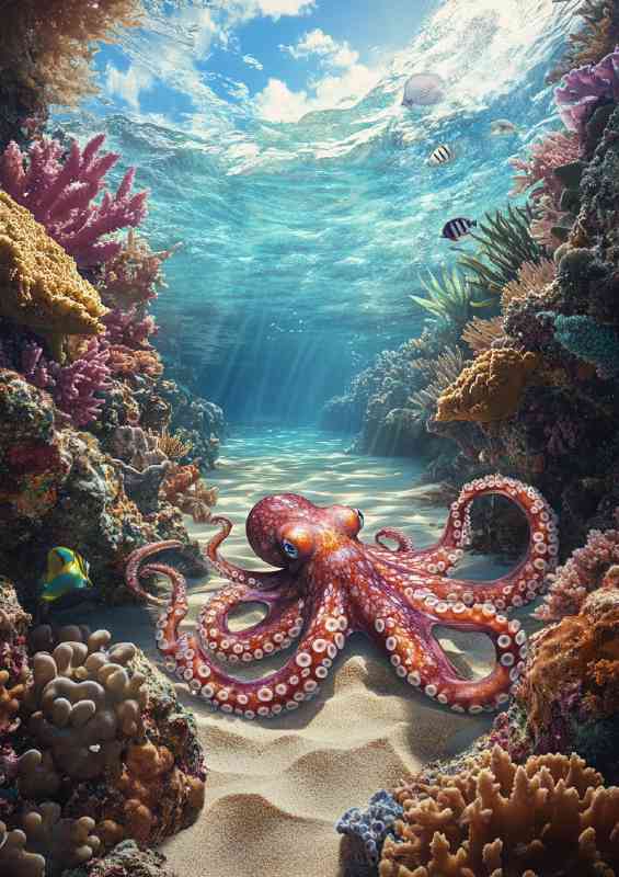 Octopus in the ocean surrounded by vibrant corel colours