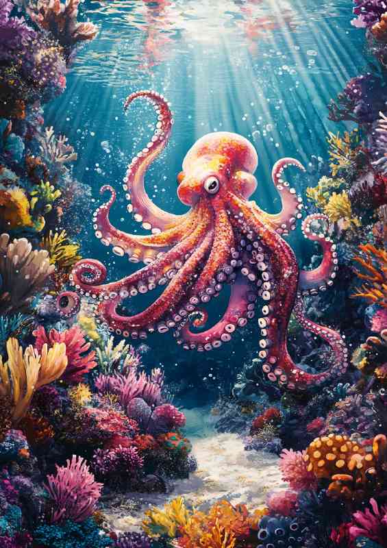 Octopus in the ocean surrounded by vibrant sun rays