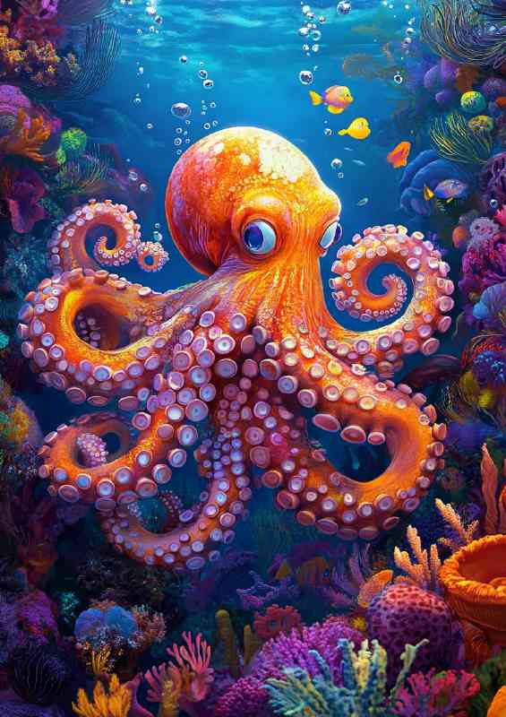 Octopus swimming under the sea surrounded by coral