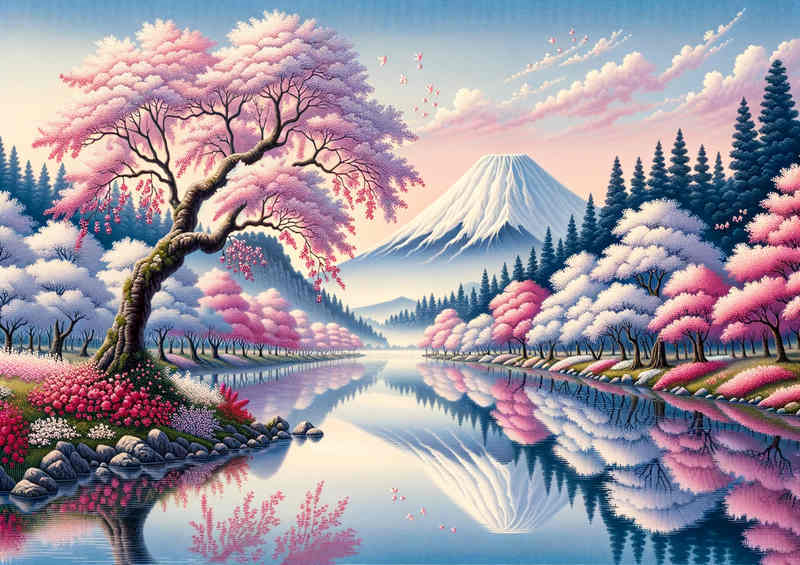 Cherry Blossom Charm and Fuji a serene riverside scene