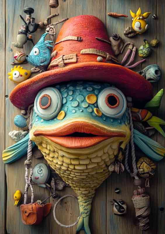 Whimsical fish wearing an oversized red hat surrouned