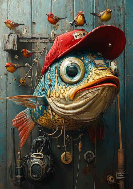 Whimsical surreal colorful fish wearing red hat