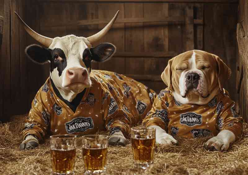 Cow and a dog wearing pajamas lying on the hay getting drunk