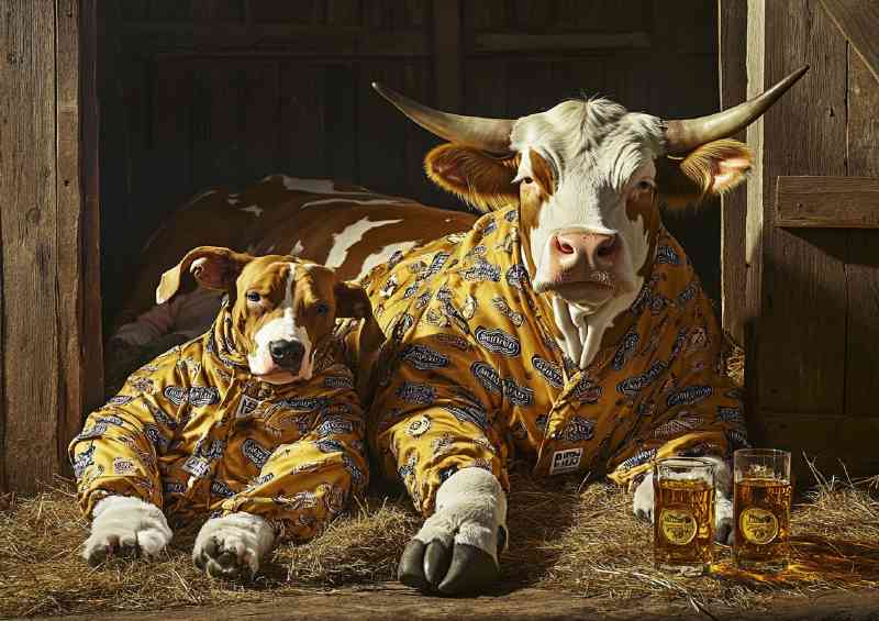 Cow and a dog wearing pajamas lying on the hay having a beer