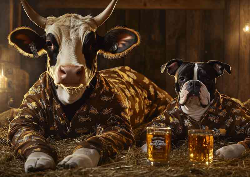 Cow and a dog wearing pajamas lying on the hay having beers