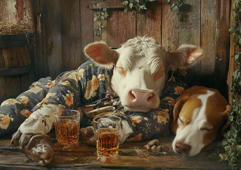Cow and dog wearing pajamas sleeping in the barn after beers