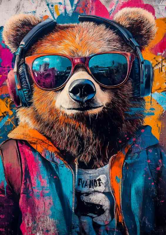 Bear wearing sunglasses and headphones dressed in hip hop