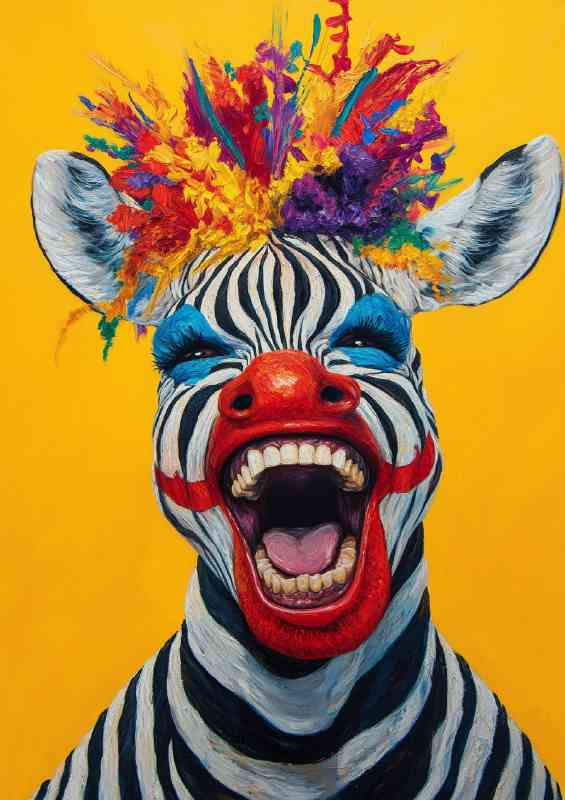 Clown zebra laughing face colorful hair