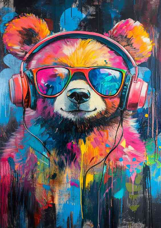 Colorful painting of an adorable bear wearing headphones