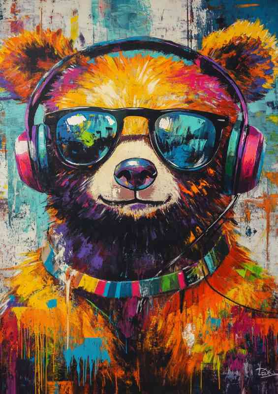 Colorful painting of an adorable bear wearing headphones and glasses