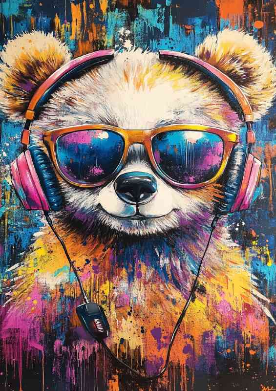 Colorful painting of an adorable bear wearing headphones splash art