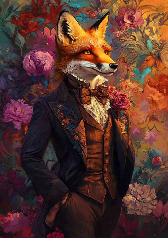 Fox in a Victorian style suit set against a colorful background