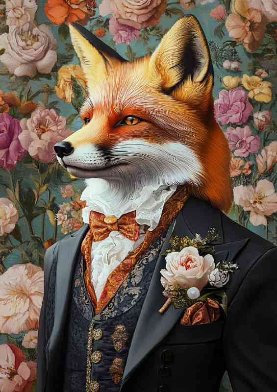 Fox in a Victorian-style suit set against a colorful wallpaper