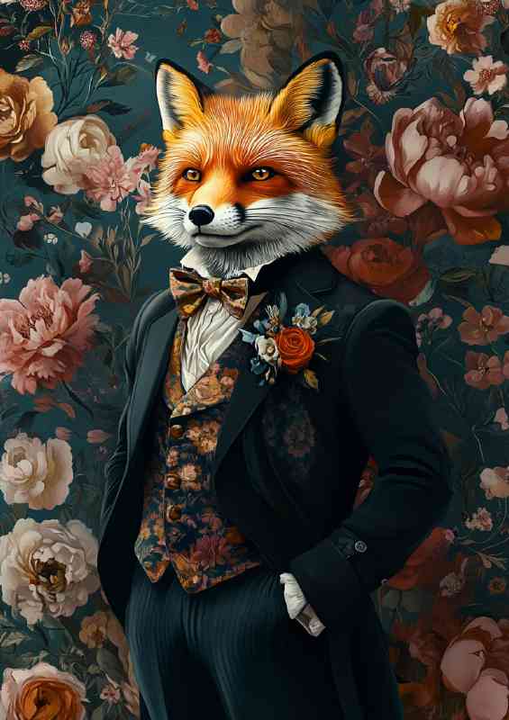 Fox in a Victorian-style suit set against a floral backdrop