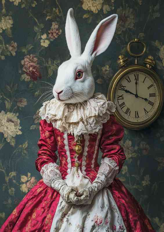 white rabbit dressed in victorian with clock