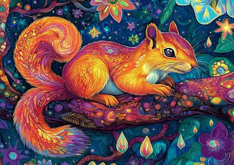 A colorful detailed psychedelic style painting of a squirrel