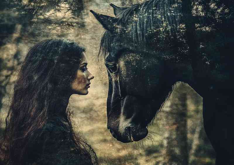 A double exposure of a woman and a horse a beautiful