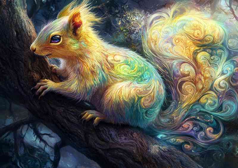 Colorful fantasy art of an iridescent squirrel in a tree