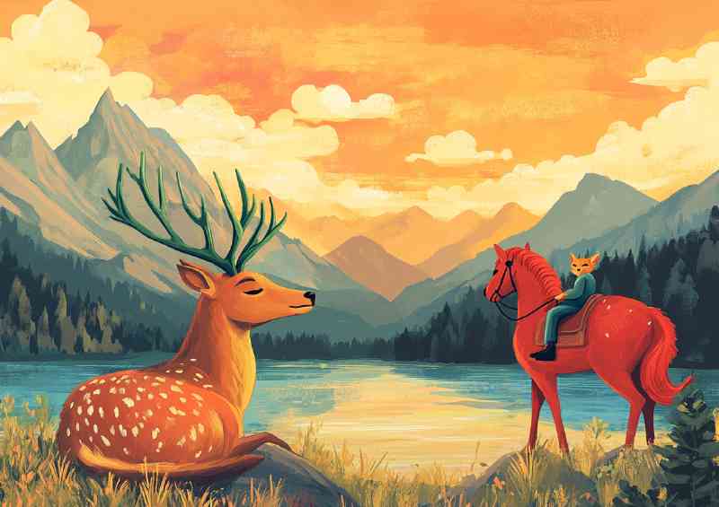 Deer with green antlers resting by the lake
